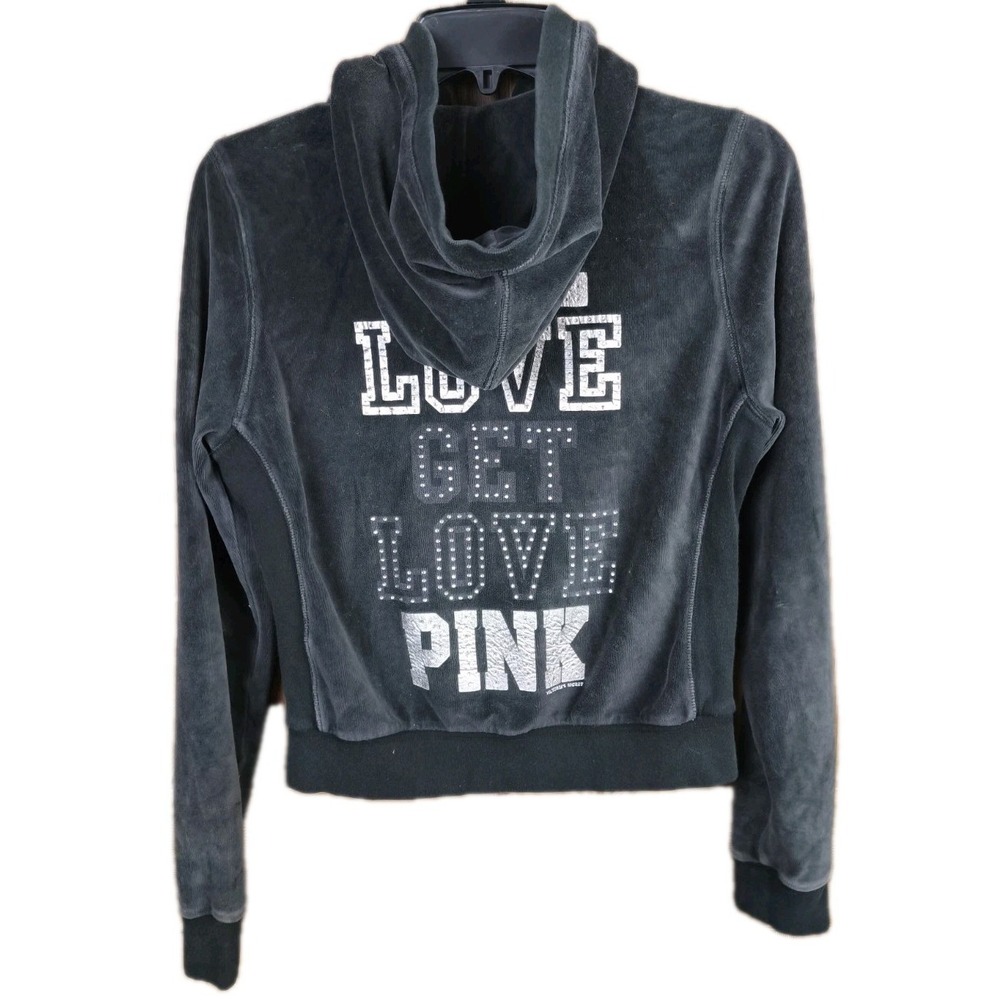 Victoria's Secret PINK Velour Zip Hoodie Rhinestone Dog Black M Y2K